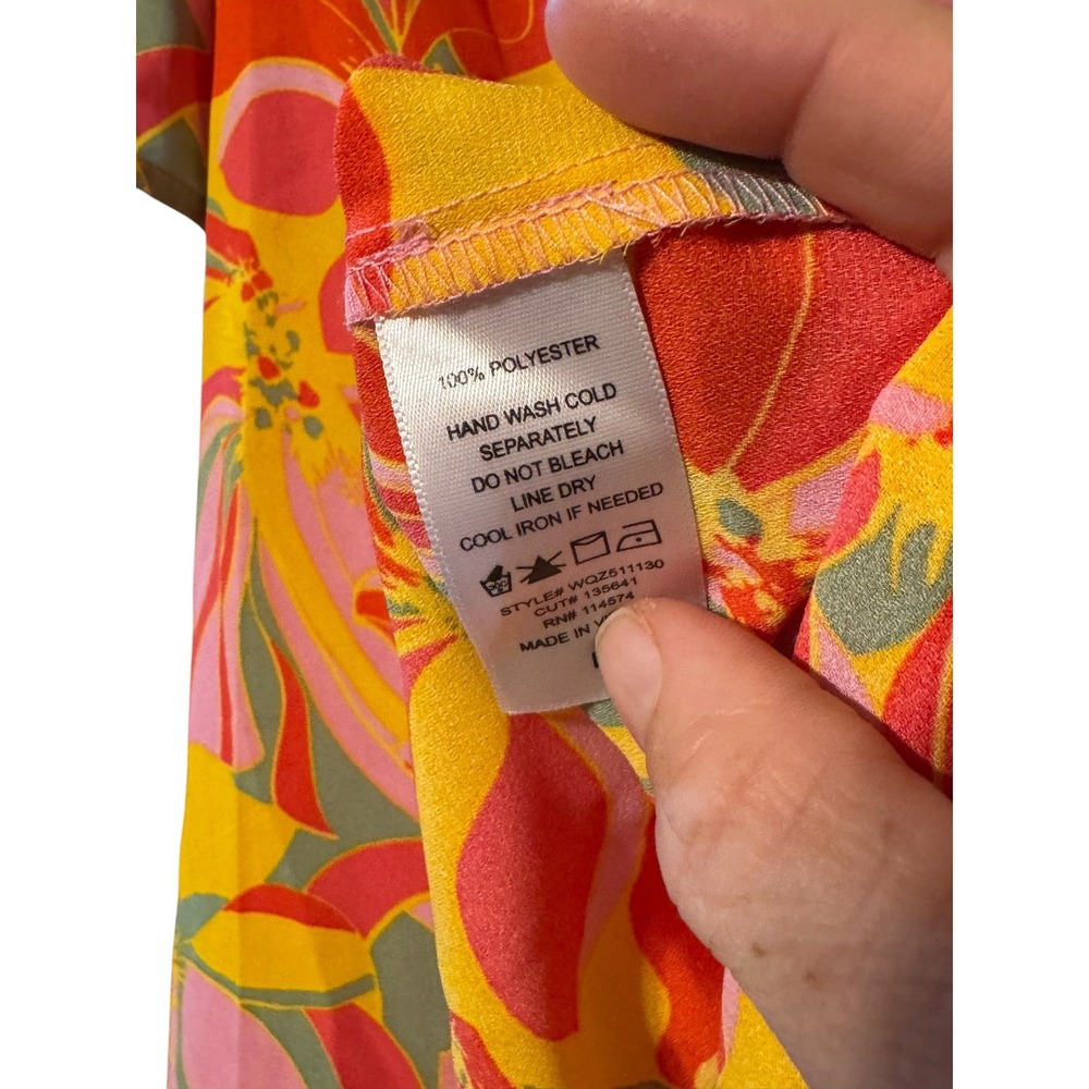 Pleione Floral Blouse Women M Pink Orange Excellent Smocked Square Neck Top - Picture 6 of 7